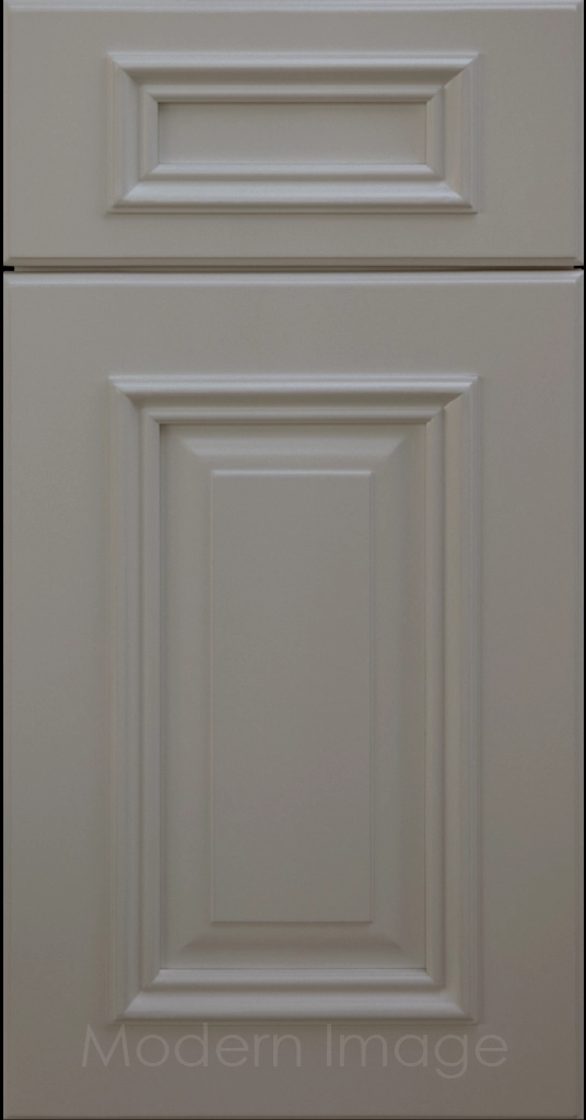 Hamilton cabinet door in Gray color with double raised panel and mitered elevated molding.